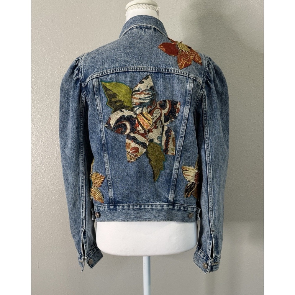 Upcycled OOAK Denim Jacket Floral‎ Appliqué Cottagecore Boho Puff Sleeve M